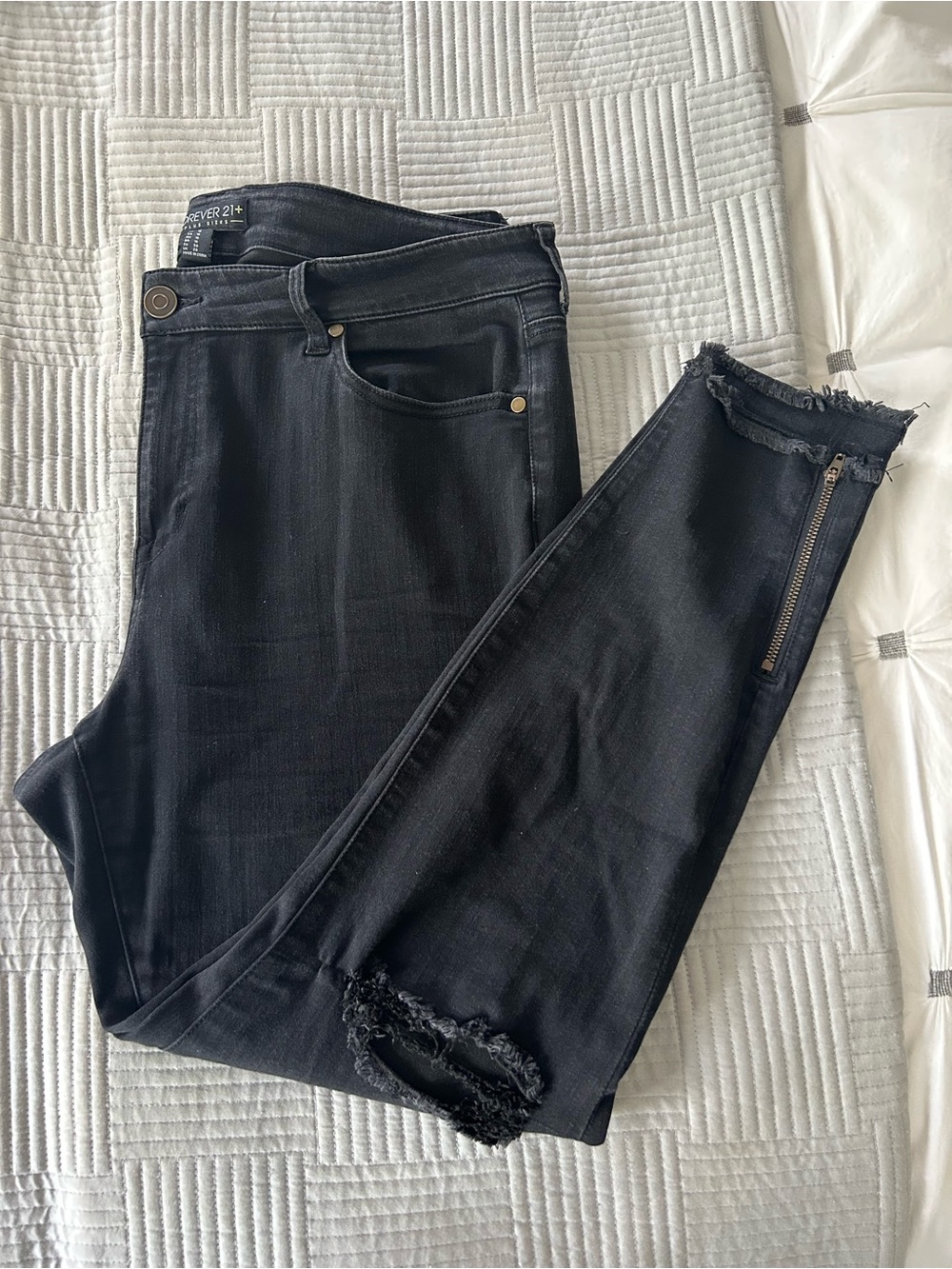 Forever 21 Black Skinny Jeans with Ankle Zips and Frayed Knees and Edges